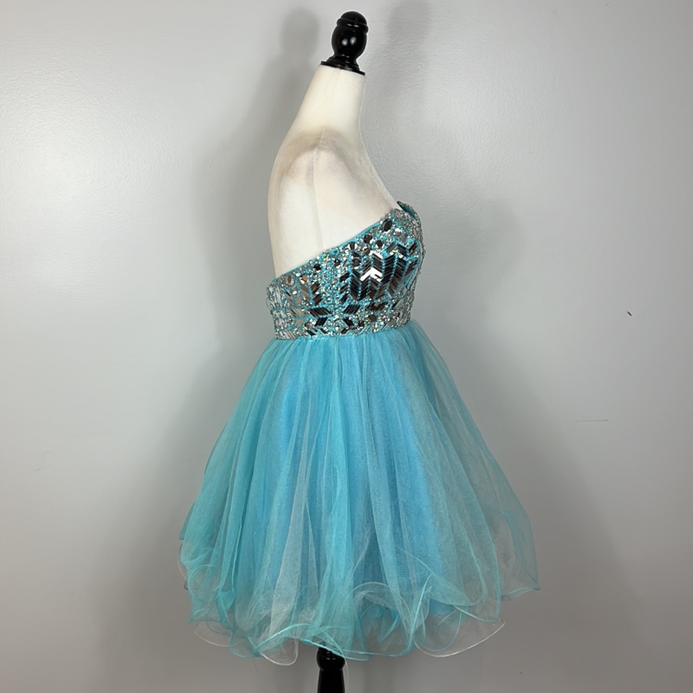 Tony Bowls Aqua Blue Formal Cocktail Prom Graduation Dress Mirrored Appliqué - Picture 7 of 16